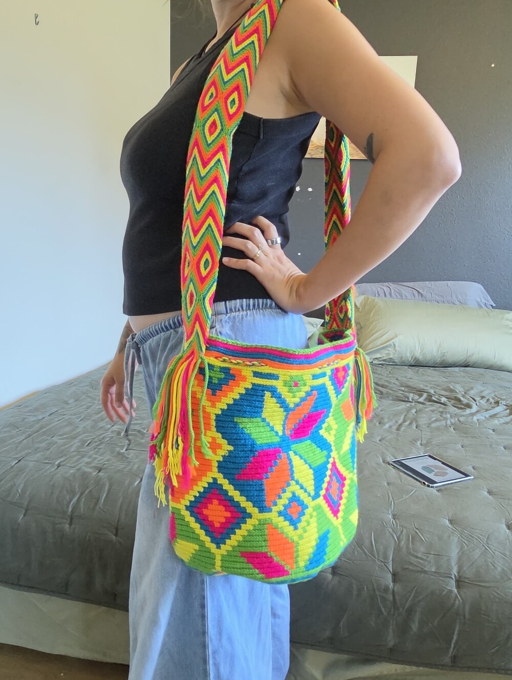 Handwoven Neon Floral Bucket Bag - Multicolor
